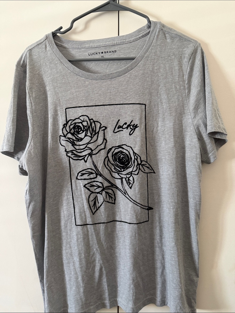 Lucky Brand Light Gray Tee with Black Rose Sketch